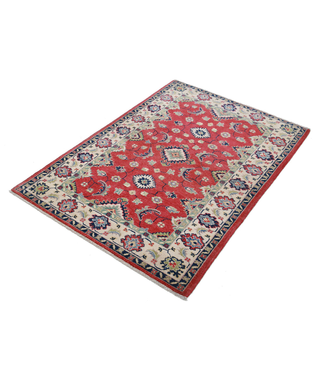 Hand Knotted Tribal Kazak Wool Rug - 3'0'' x 4'8'' 3'0'' x 4'8'' (90 X 140) / Red / Ivory