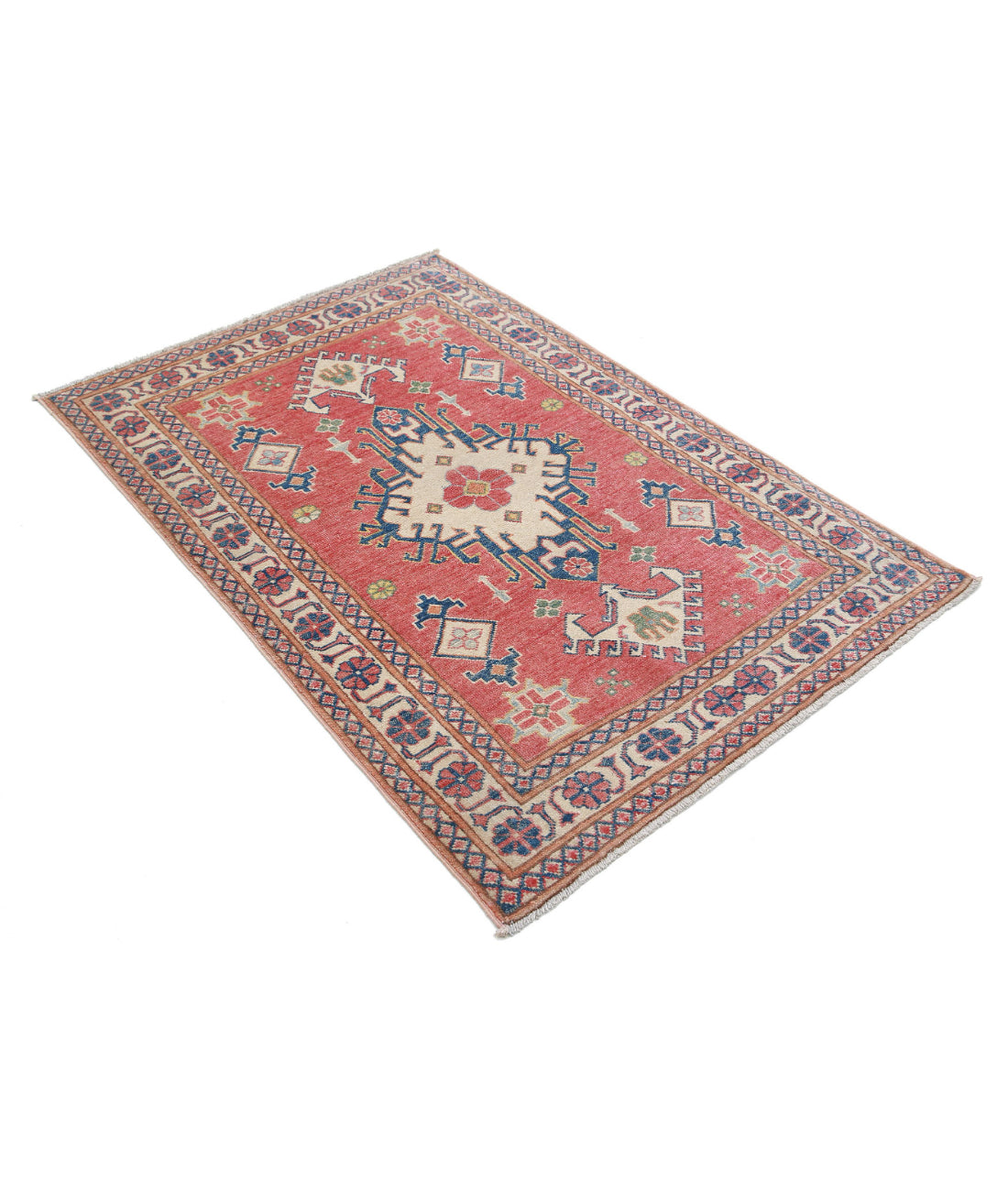 Hand Knotted Tribal Kazak Wool Rug - 3'2'' x 4'8'' 3'2'' x 4'8'' (95 X 140) / Red / Ivory