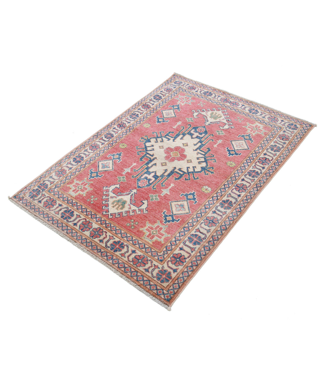 Hand Knotted Tribal Kazak Wool Rug - 3'2'' x 4'8'' 3'2'' x 4'8'' (95 X 140) / Red / Ivory