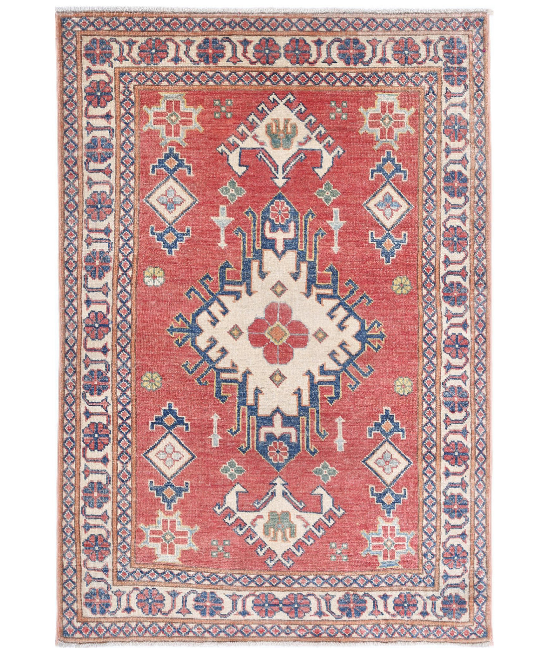 Hand Knotted Tribal Kazak Wool Rug - 3&#39;2&#39;&#39; x 4&#39;8&#39;&#39; 3&#39;2&#39;&#39; x 4&#39;8&#39;&#39; (95 X 140) / Red / Ivory