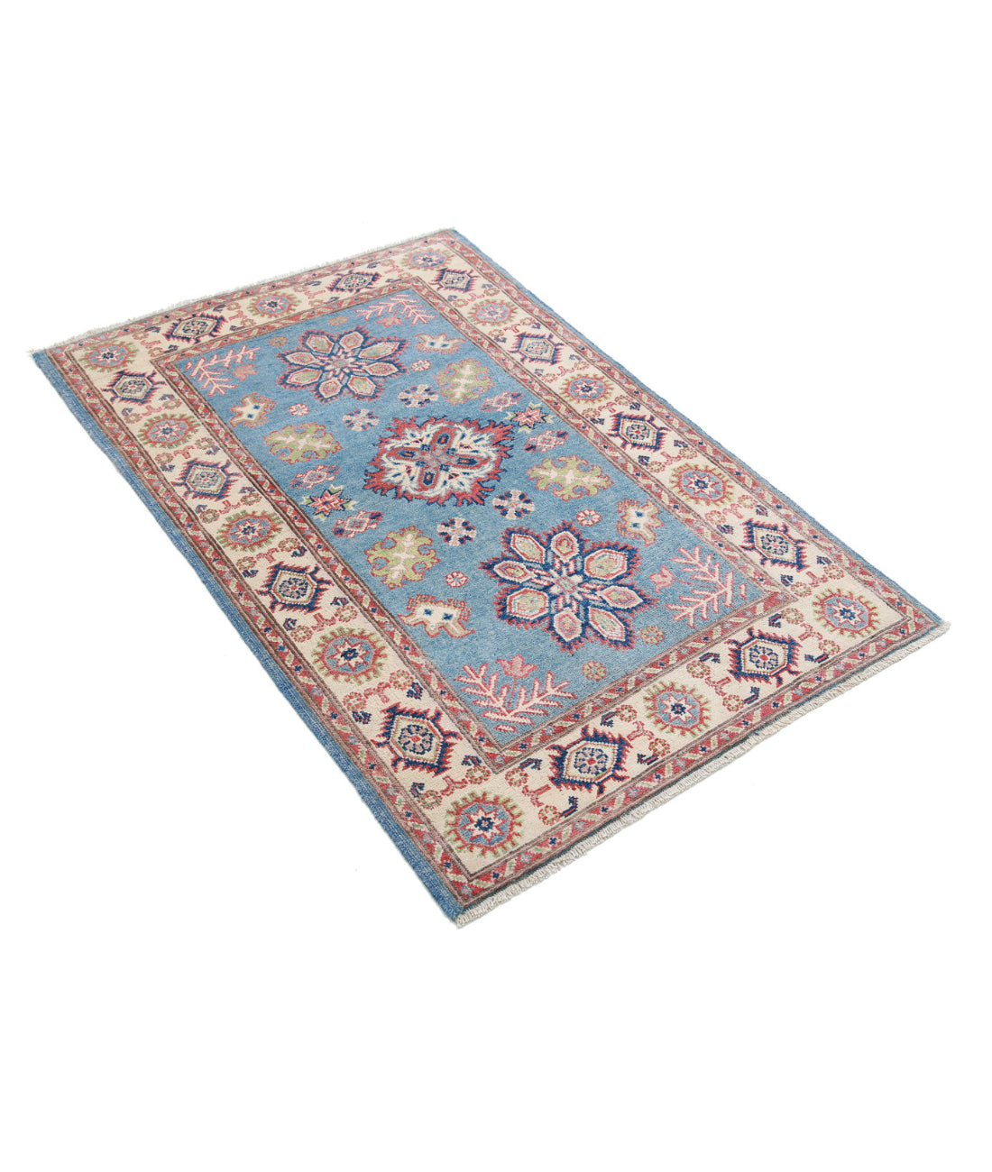 Hand Knotted Tribal Kazak Wool Rug - 2'11'' x 4'8'' 2'11'' x 4'8'' (88 X 140) / Blue / Ivory