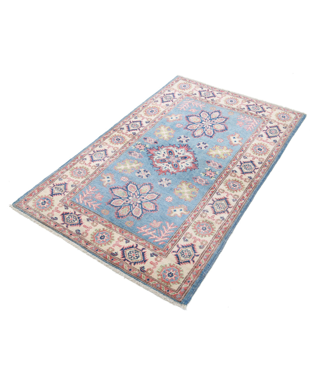 Hand Knotted Tribal Kazak Wool Rug - 2'11'' x 4'8'' 2'11'' x 4'8'' (88 X 140) / Blue / Ivory