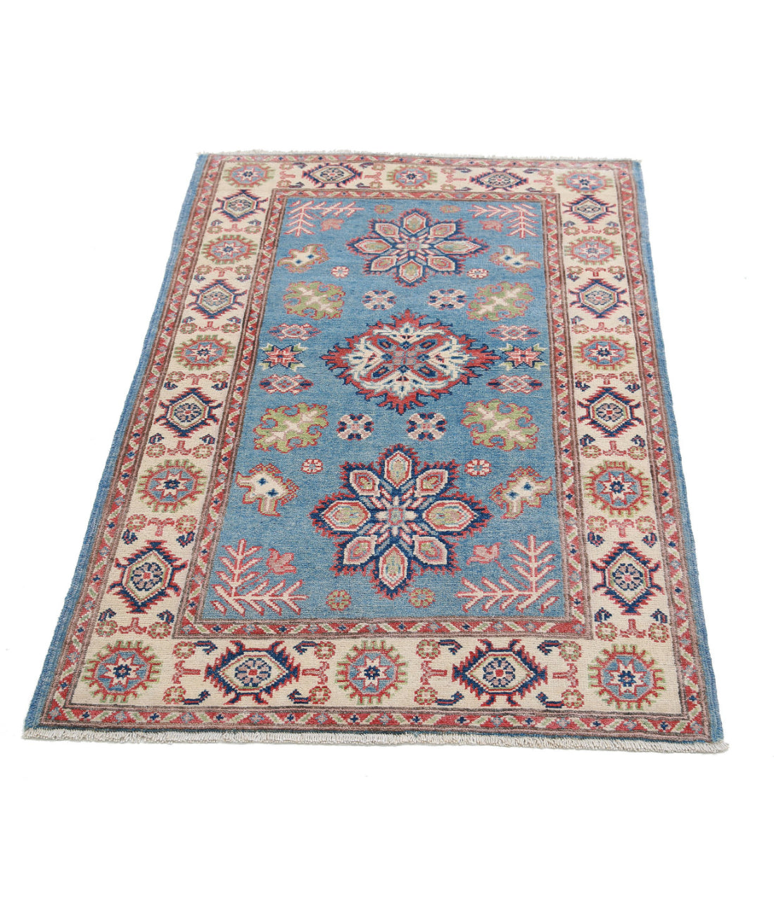 Hand Knotted Tribal Kazak Wool Rug - 2'11'' x 4'8'' 2'11'' x 4'8'' (88 X 140) / Blue / Ivory