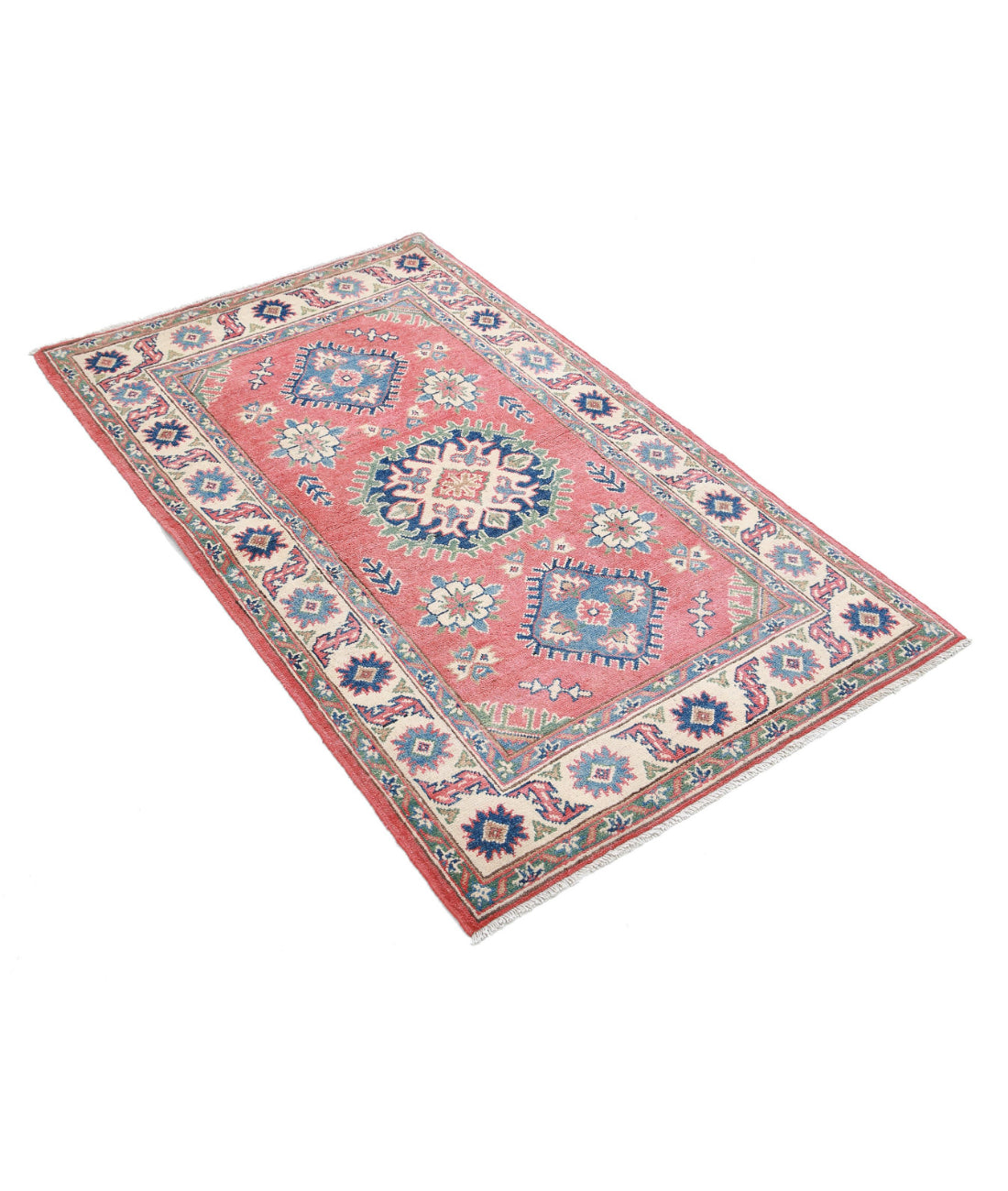 Hand Knotted Tribal Kazak Wool Rug - 3'1'' x 5'2'' 3'1'' x 5'2'' (93 X 155) / Red / Ivory