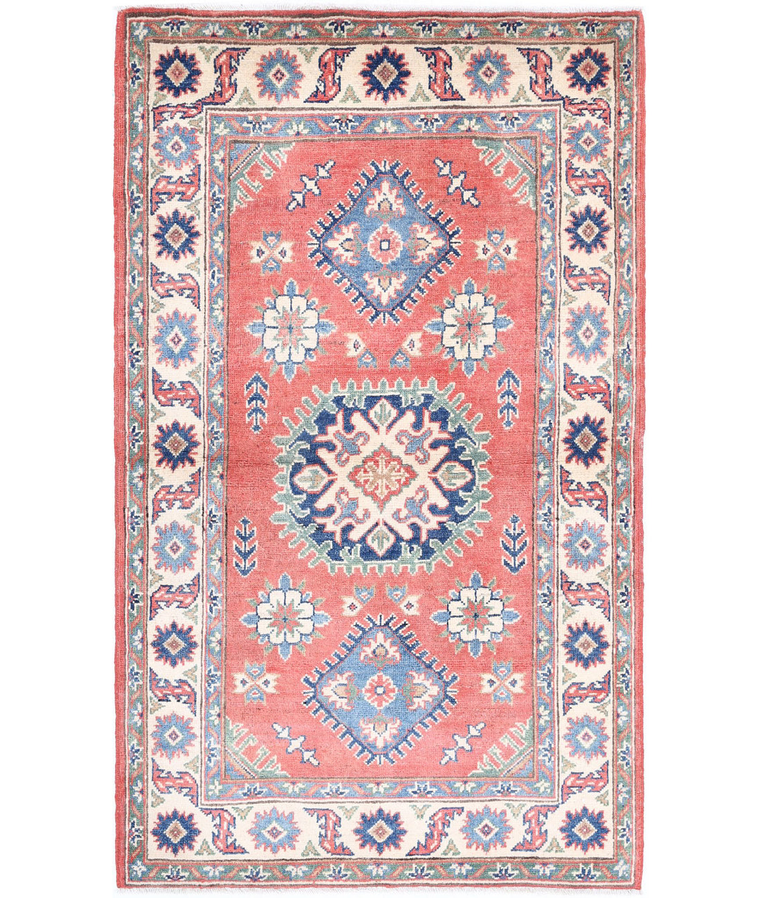 Hand Knotted Tribal Kazak Wool Rug - 3&#39;1&#39;&#39; x 5&#39;2&#39;&#39; 3&#39;1&#39;&#39; x 5&#39;2&#39;&#39; (93 X 155) / Red / Ivory