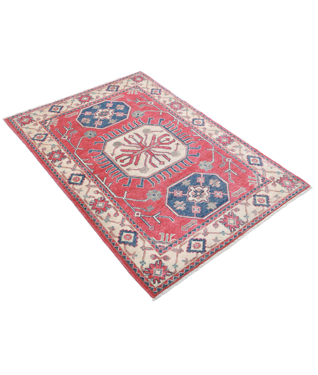 Hand Knotted Tribal Kazak Wool Rug - 3'3'' x 4'8'' 3'3'' x 4'8'' (98 X 140) / Red / Ivory