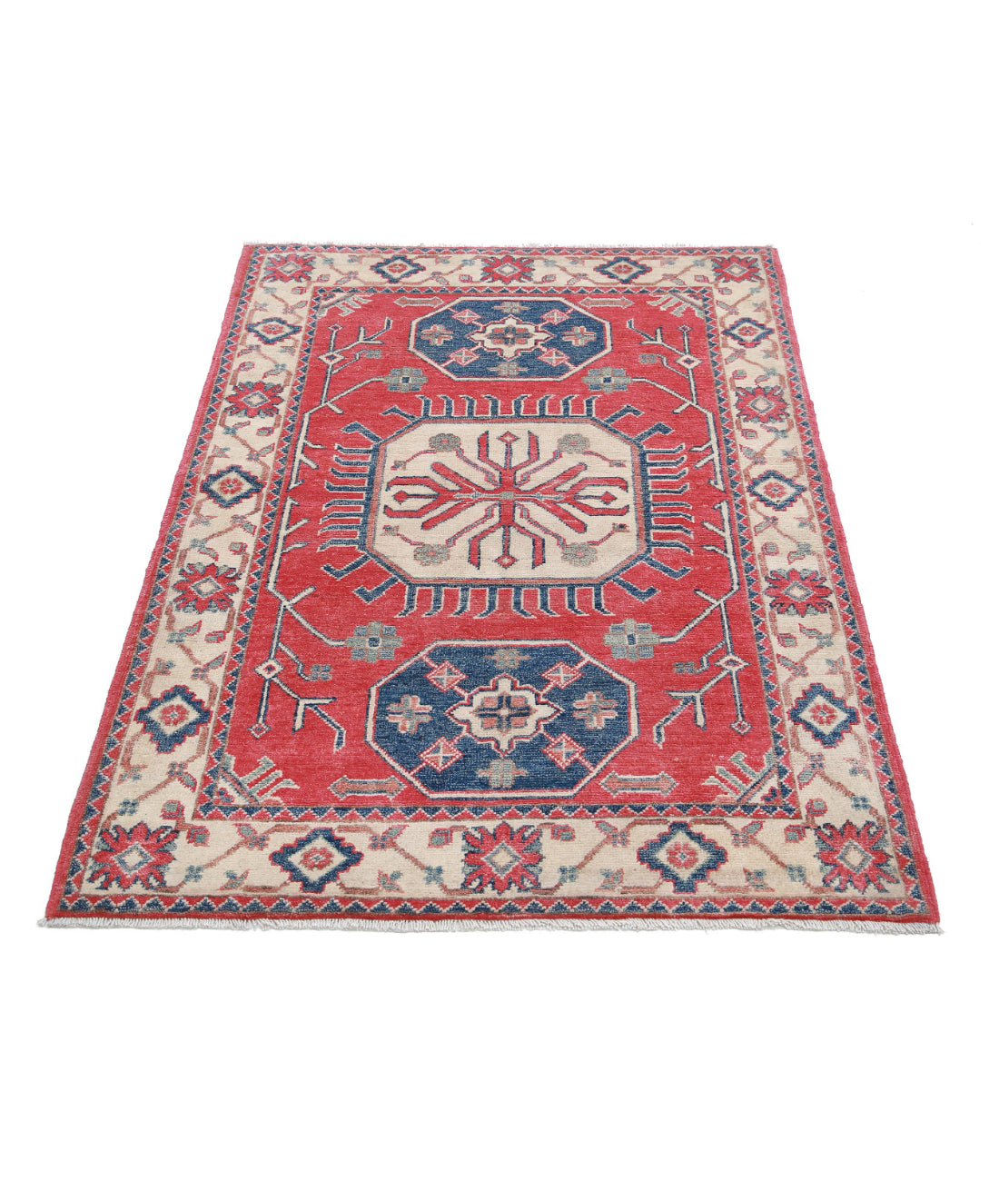 Hand Knotted Tribal Kazak Wool Rug - 3'3'' x 4'8'' 3'3'' x 4'8'' (98 X 140) / Red / Ivory