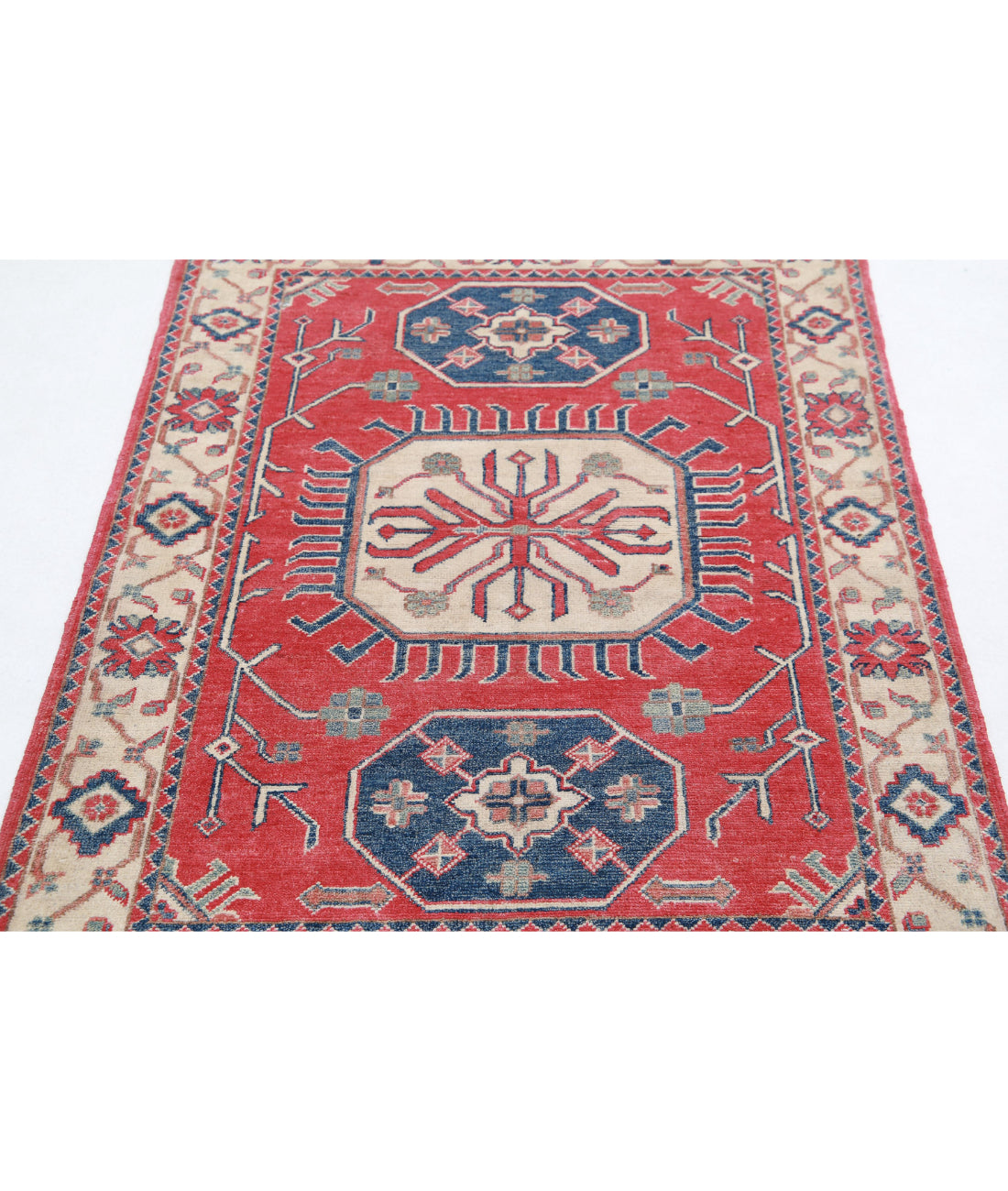 Hand Knotted Tribal Kazak Wool Rug - 3'3'' x 4'8'' 3'3'' x 4'8'' (98 X 140) / Red / Ivory