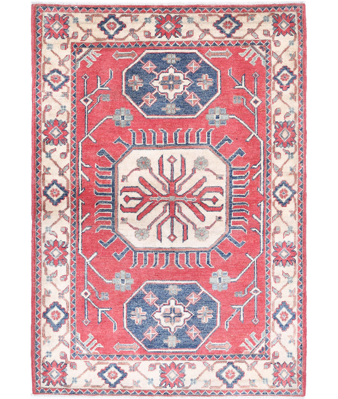 Hand Knotted Tribal Kazak Wool Rug - 3&#39;3&#39;&#39; x 4&#39;8&#39;&#39; 3&#39;3&#39;&#39; x 4&#39;8&#39;&#39; (98 X 140) / Red / Ivory