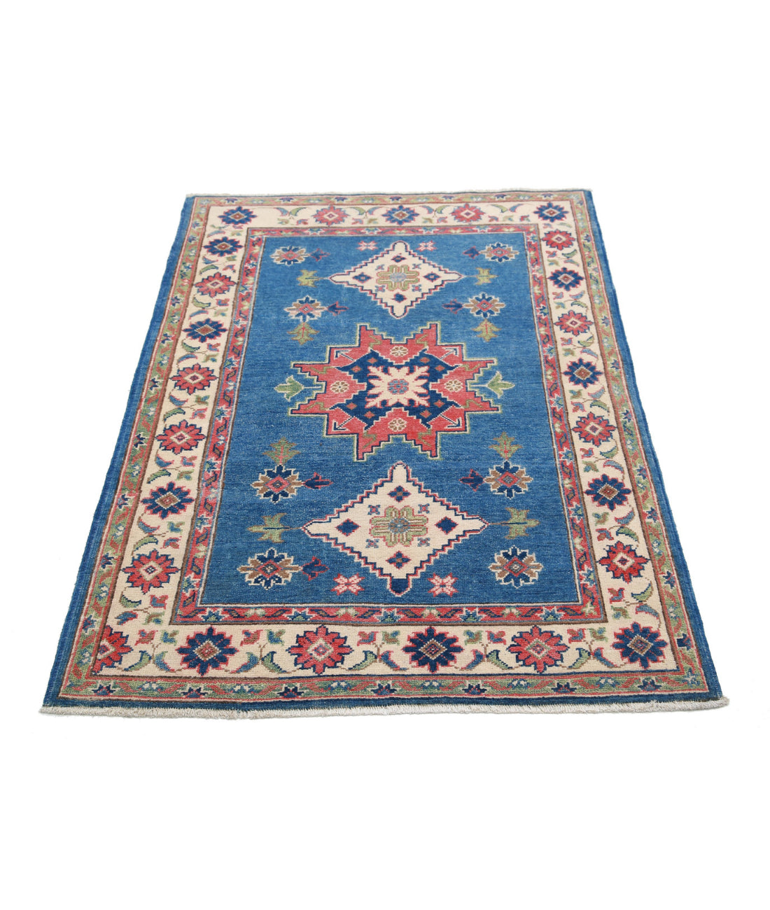 Hand Knotted Tribal Kazak Wool Rug - 3'2'' x 4'9'' 3'2'' x 4'9'' (95 X 143) / Blue / Ivory