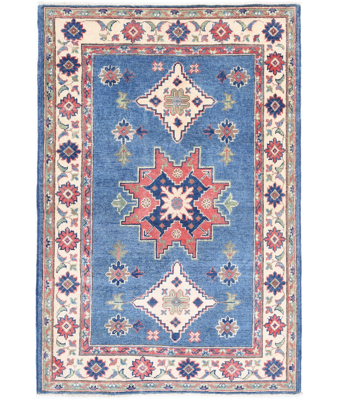 Hand Knotted Tribal Kazak Wool Rug - 3&#39;2&#39;&#39; x 4&#39;9&#39;&#39; 3&#39;2&#39;&#39; x 4&#39;9&#39;&#39; (95 X 143) / Blue / Ivory