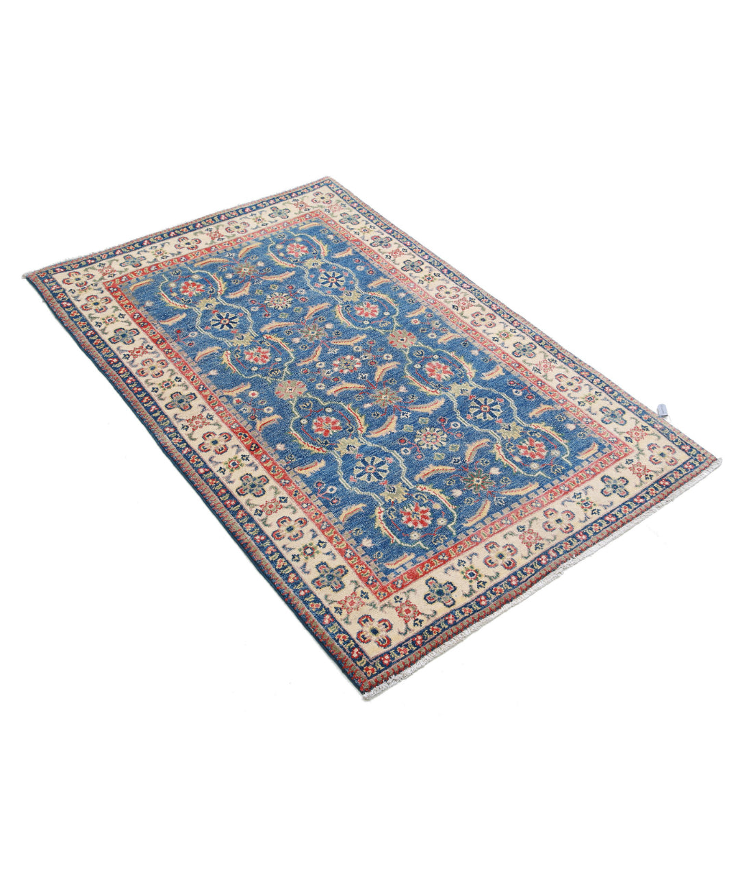 Hand Knotted Tribal Kazak Wool Rug - 3'2'' x 4'9'' 3'2'' x 4'9'' (95 X 143) / Blue / Ivory