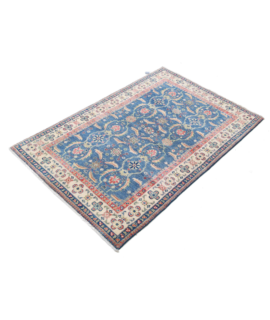 Hand Knotted Tribal Kazak Wool Rug - 3'2'' x 4'9'' 3'2'' x 4'9'' (95 X 143) / Blue / Ivory