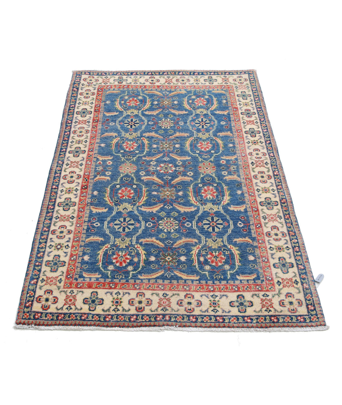 Hand Knotted Tribal Kazak Wool Rug - 3'2'' x 4'9'' 3'2'' x 4'9'' (95 X 143) / Blue / Ivory