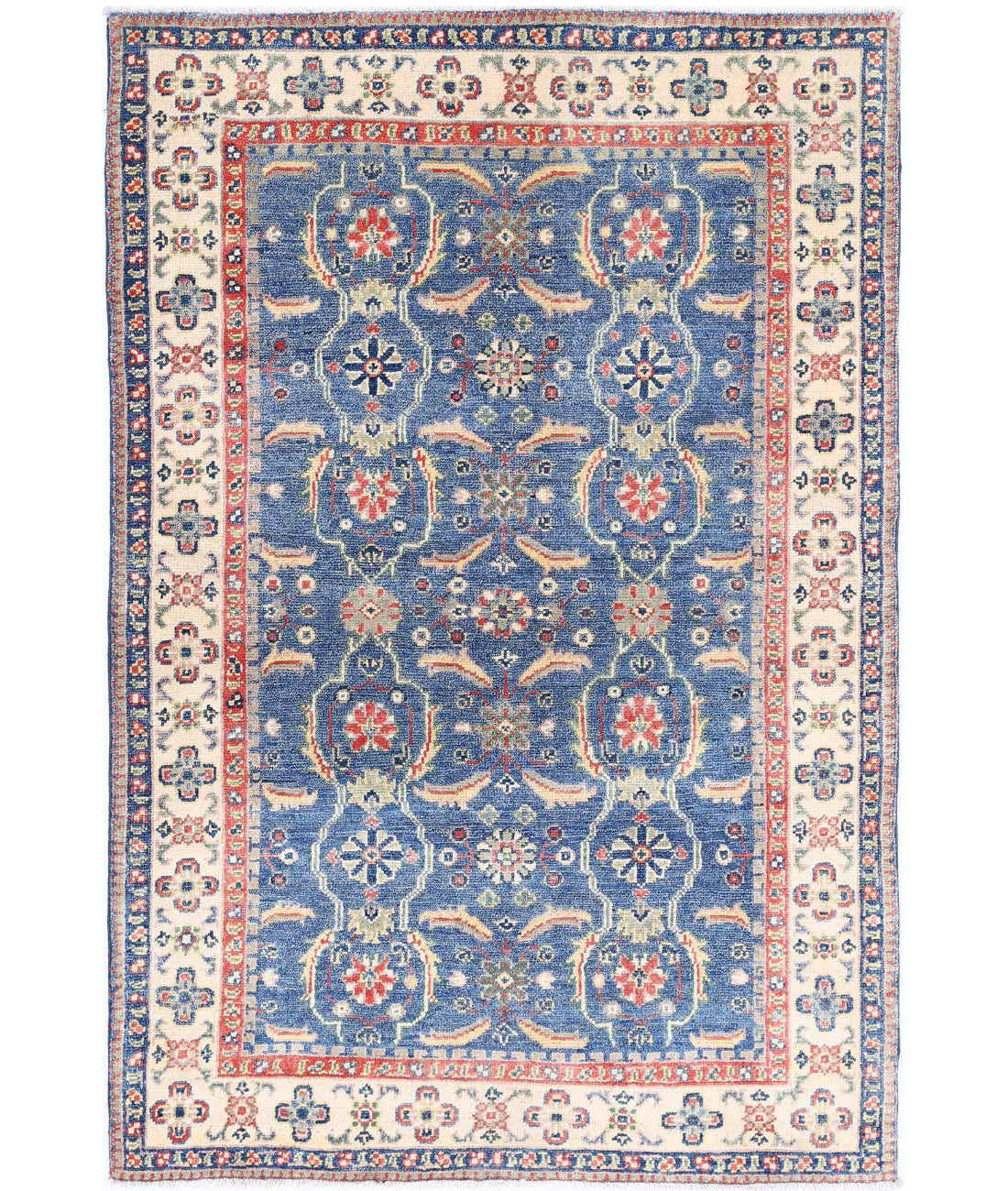 Hand Knotted Tribal Kazak Wool Rug - 3&#39;2&#39;&#39; x 4&#39;9&#39;&#39; 3&#39;2&#39;&#39; x 4&#39;9&#39;&#39; (95 X 143) / Blue / Ivory