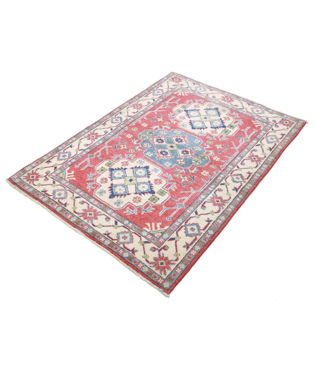 Hand Knotted Tribal Kazak Wool Rug - 3'6'' x 4'11'' 3'6'' x 4'11'' (105 X 148) / Red / Ivory