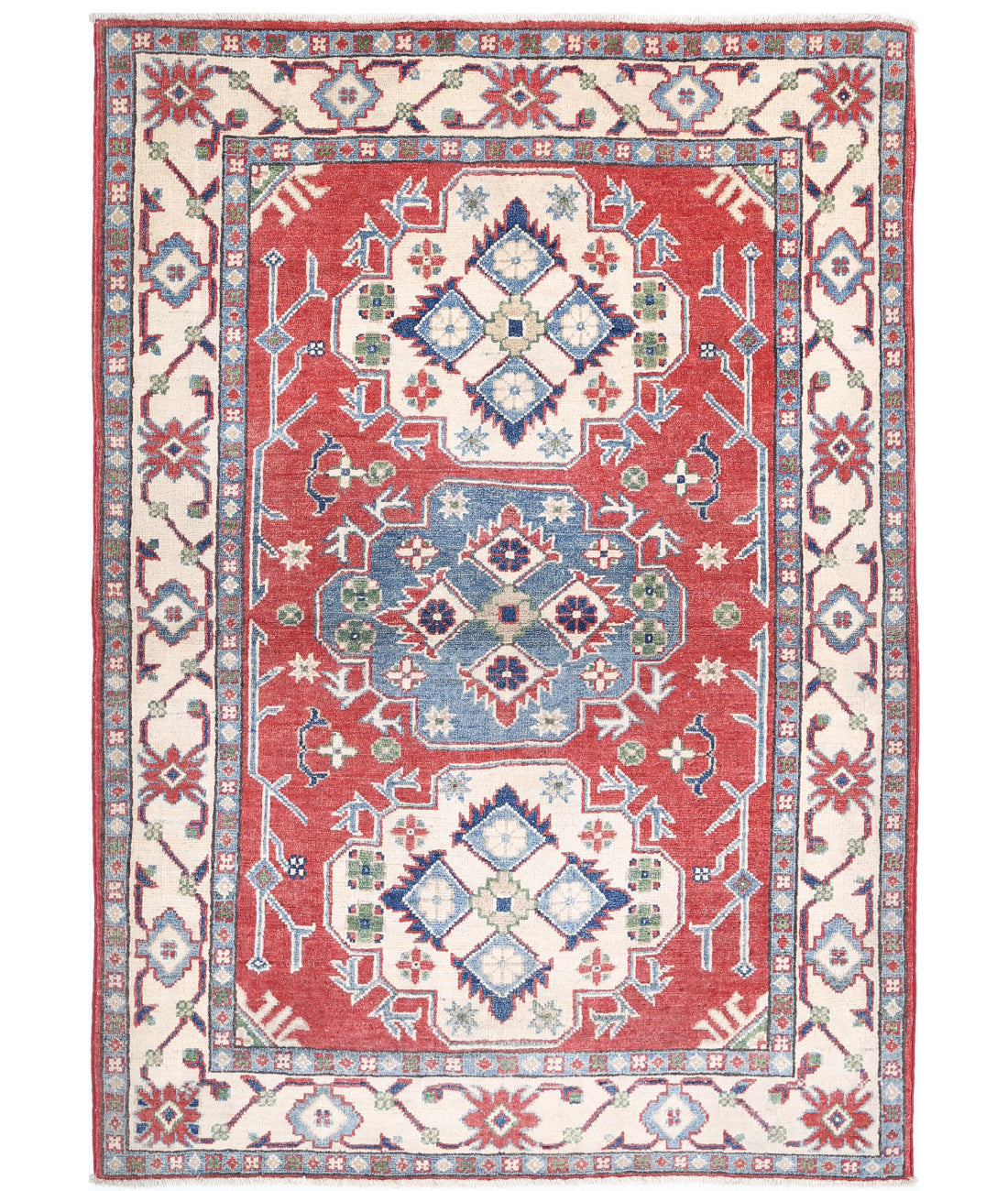 Hand Knotted Tribal Kazak Wool Rug - 3&#39;6&#39;&#39; x 4&#39;11&#39;&#39; 3&#39;6&#39;&#39; x 4&#39;11&#39;&#39; (105 X 148) / Red / Ivory