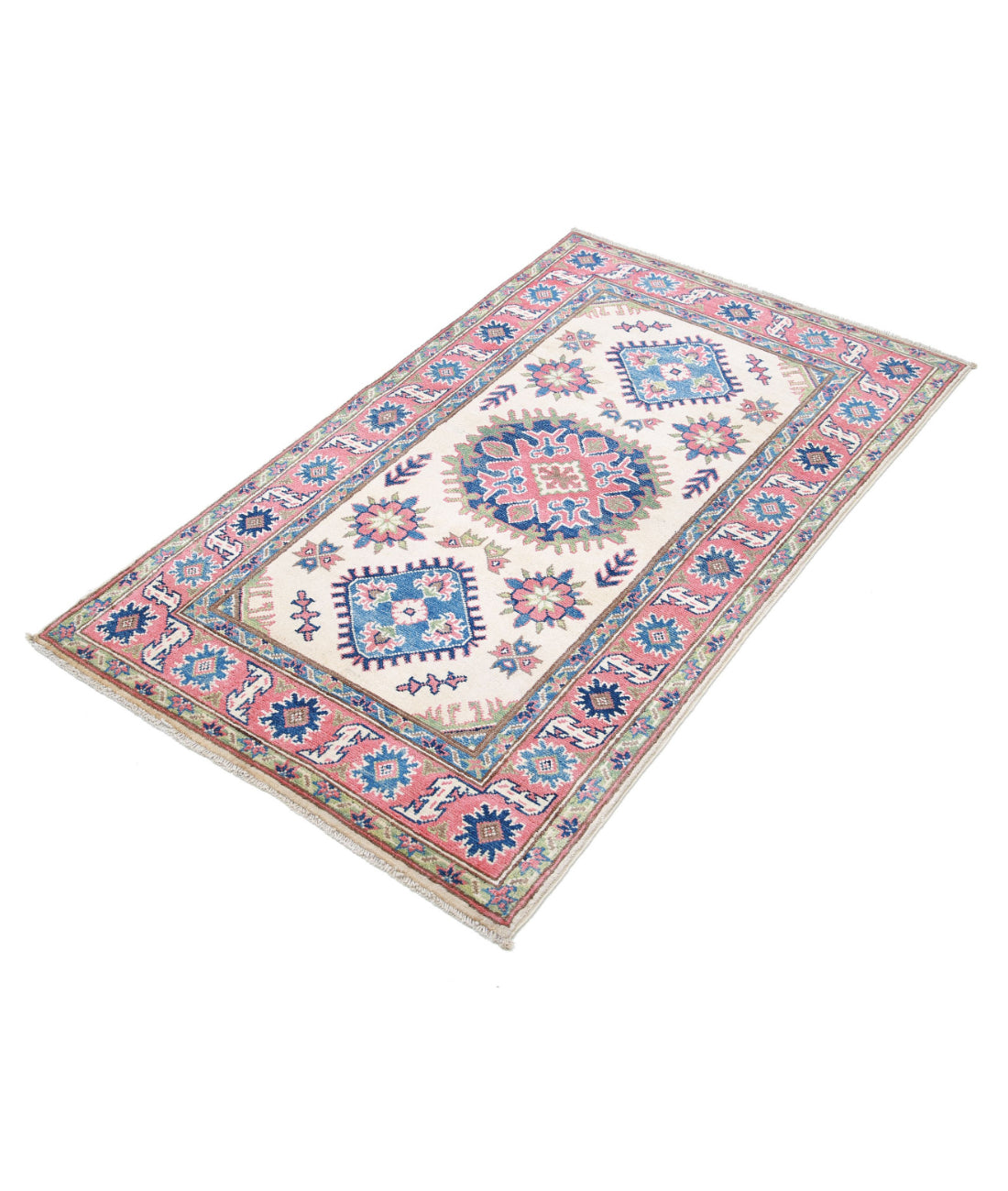 Hand Knotted Tribal Kazak Wool Rug - 2'10'' x 4'11'' 2'10'' x 4'11'' (85 X 148) / Ivory / Red