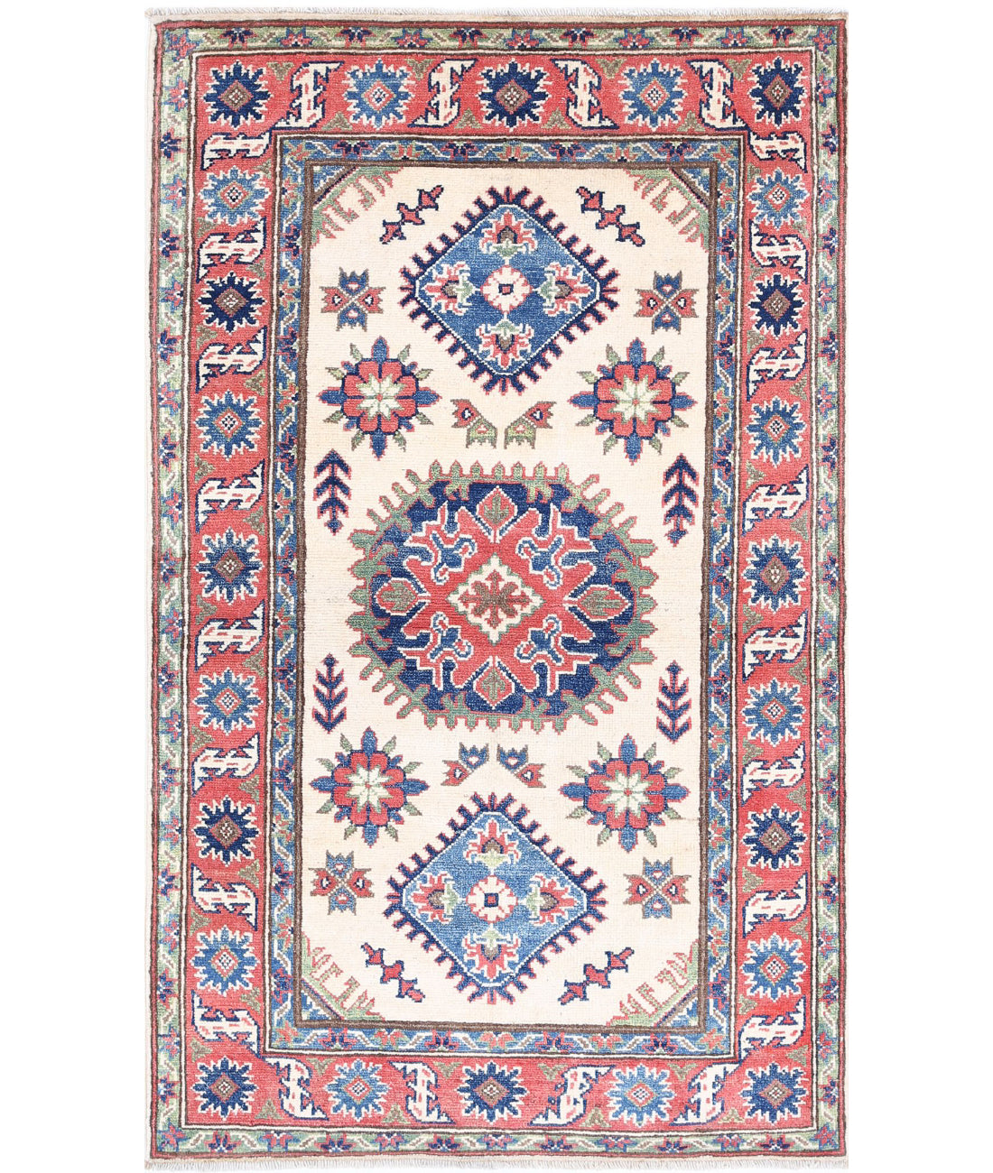 Hand Knotted Tribal Kazak Wool Rug - 2&#39;10&#39;&#39; x 4&#39;11&#39;&#39; 2&#39;10&#39;&#39; x 4&#39;11&#39;&#39; (85 X 148) / Ivory / Red