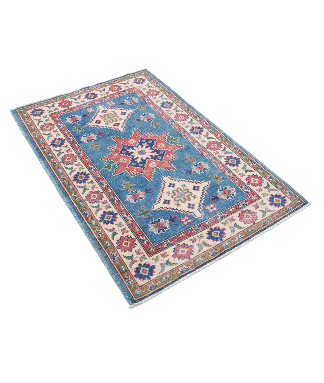 Hand Knotted Tribal Kazak Wool Rug - 3'2'' x 4'10'' 3'2'' x 4'10'' (95 X 145) / Blue / Ivory