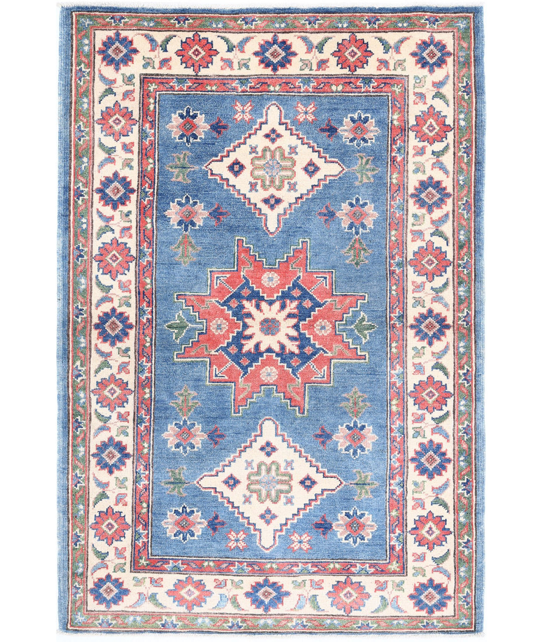 Hand Knotted Tribal Kazak Wool Rug - 3&#39;2&#39;&#39; x 4&#39;10&#39;&#39; 3&#39;2&#39;&#39; x 4&#39;10&#39;&#39; (95 X 145) / Blue / Ivory