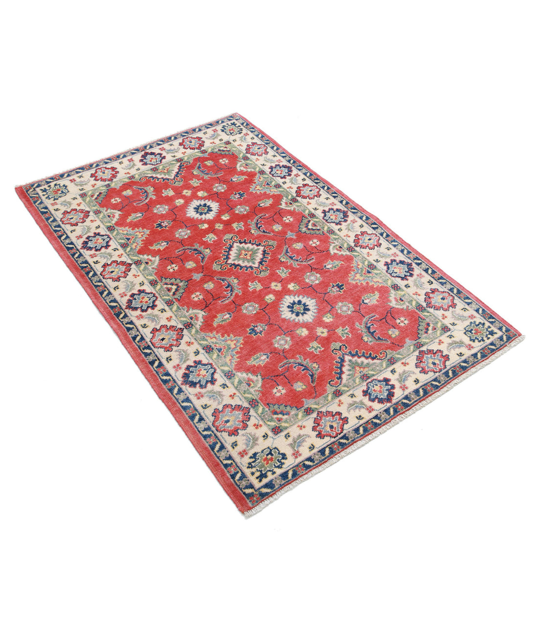 Hand Knotted Tribal Kazak Wool Rug - 3'4'' x 4'9'' 3'4'' x 4'9'' (100 X 143) / Red / Ivory