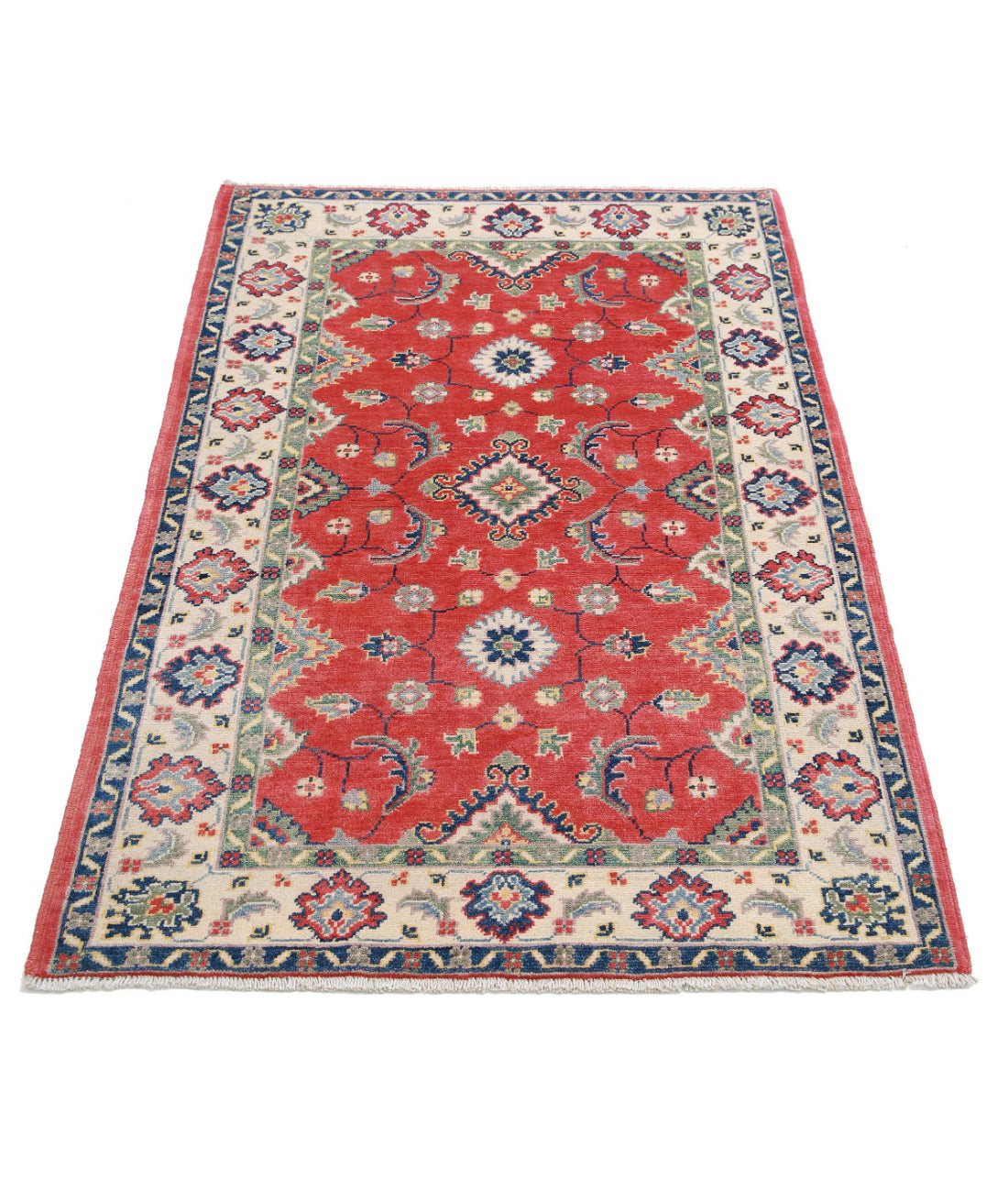 Hand Knotted Tribal Kazak Wool Rug - 3'4'' x 4'9'' 3'4'' x 4'9'' (100 X 143) / Red / Ivory