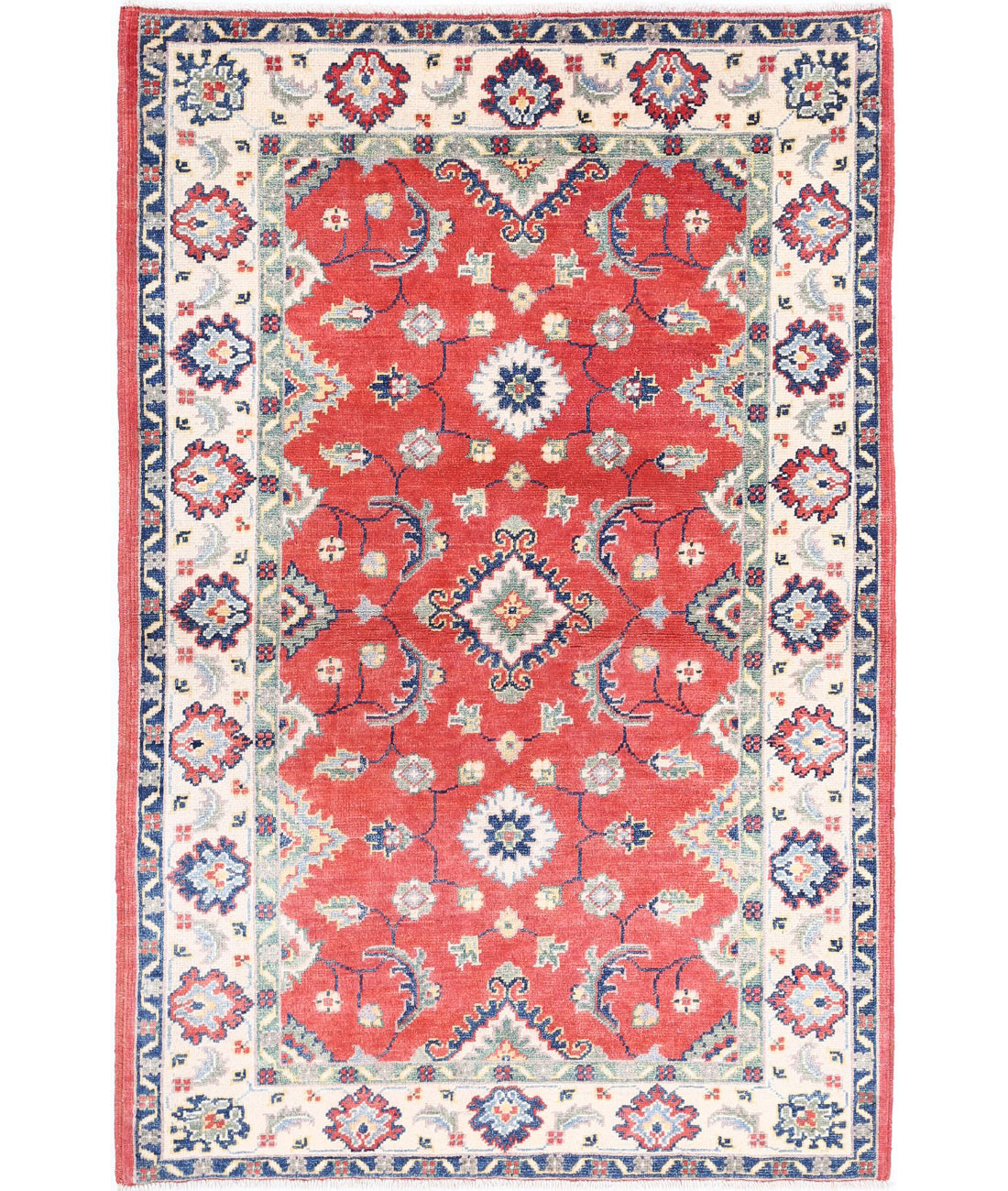 Hand Knotted Tribal Kazak Wool Rug - 3&#39;4&#39;&#39; x 4&#39;9&#39;&#39; 3&#39;4&#39;&#39; x 4&#39;9&#39;&#39; (100 X 143) / Red / Ivory