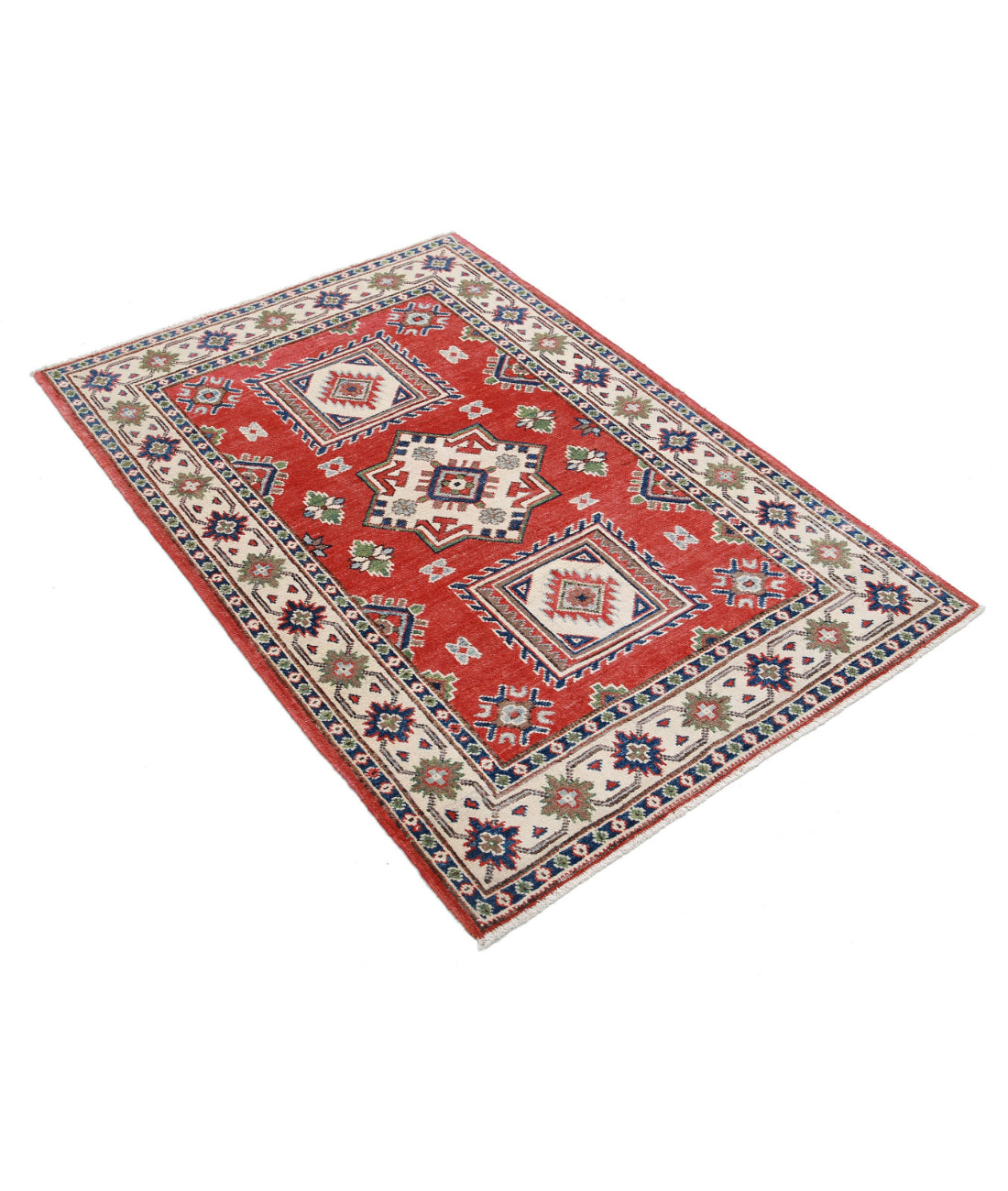 Hand Knotted Tribal Kazak Wool Rug - 3'4'' x 4'9'' 3'4'' x 4'9'' (100 X 143) / Red / Ivory