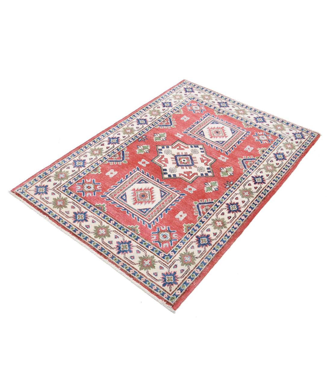 Hand Knotted Tribal Kazak Wool Rug - 3'4'' x 4'9'' 3'4'' x 4'9'' (100 X 143) / Red / Ivory