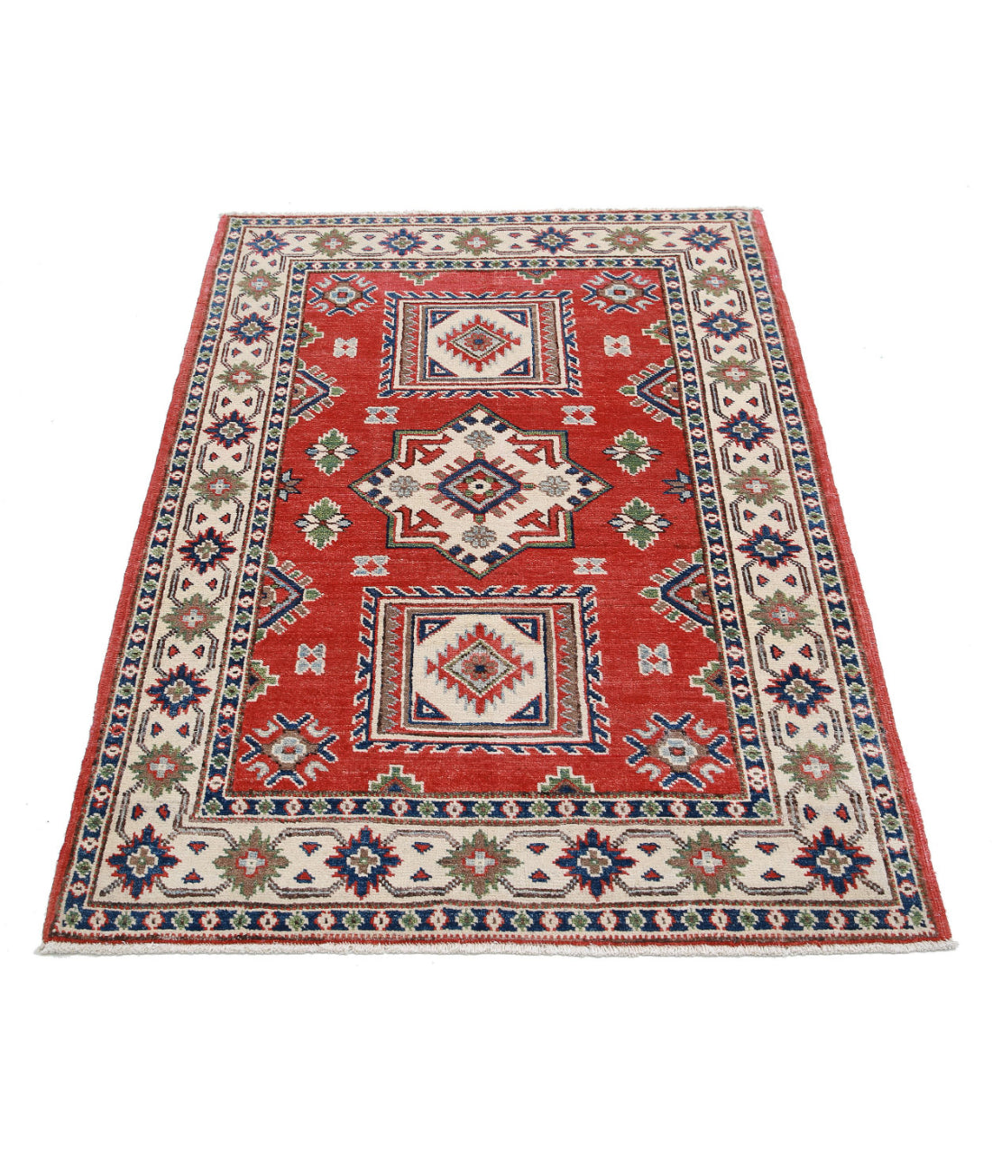 Hand Knotted Tribal Kazak Wool Rug - 3'4'' x 4'9'' 3'4'' x 4'9'' (100 X 143) / Red / Ivory