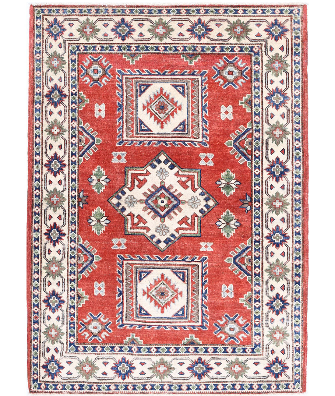 Hand Knotted Tribal Kazak Wool Rug - 3&#39;4&#39;&#39; x 4&#39;9&#39;&#39; 3&#39;4&#39;&#39; x 4&#39;9&#39;&#39; (100 X 143) / Red / Ivory