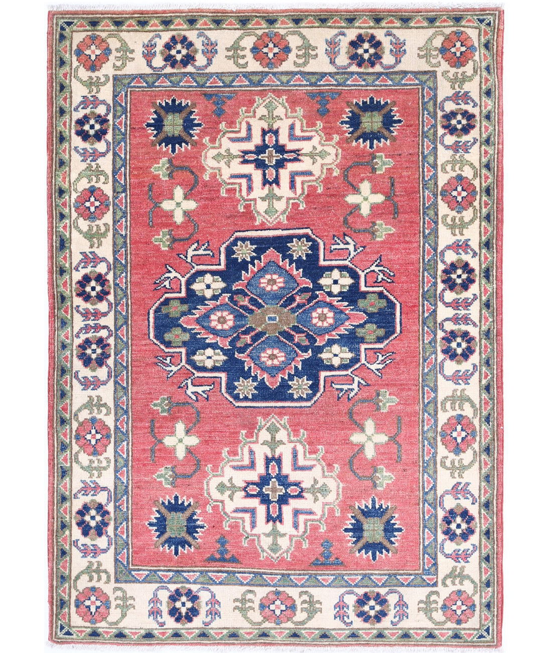 Hand Knotted Tribal Kazak Wool Rug - 3&#39;2&#39;&#39; x 4&#39;8&#39;&#39; 3&#39;2&#39;&#39; x 4&#39;8&#39;&#39; (95 X 140) / Red / Ivory