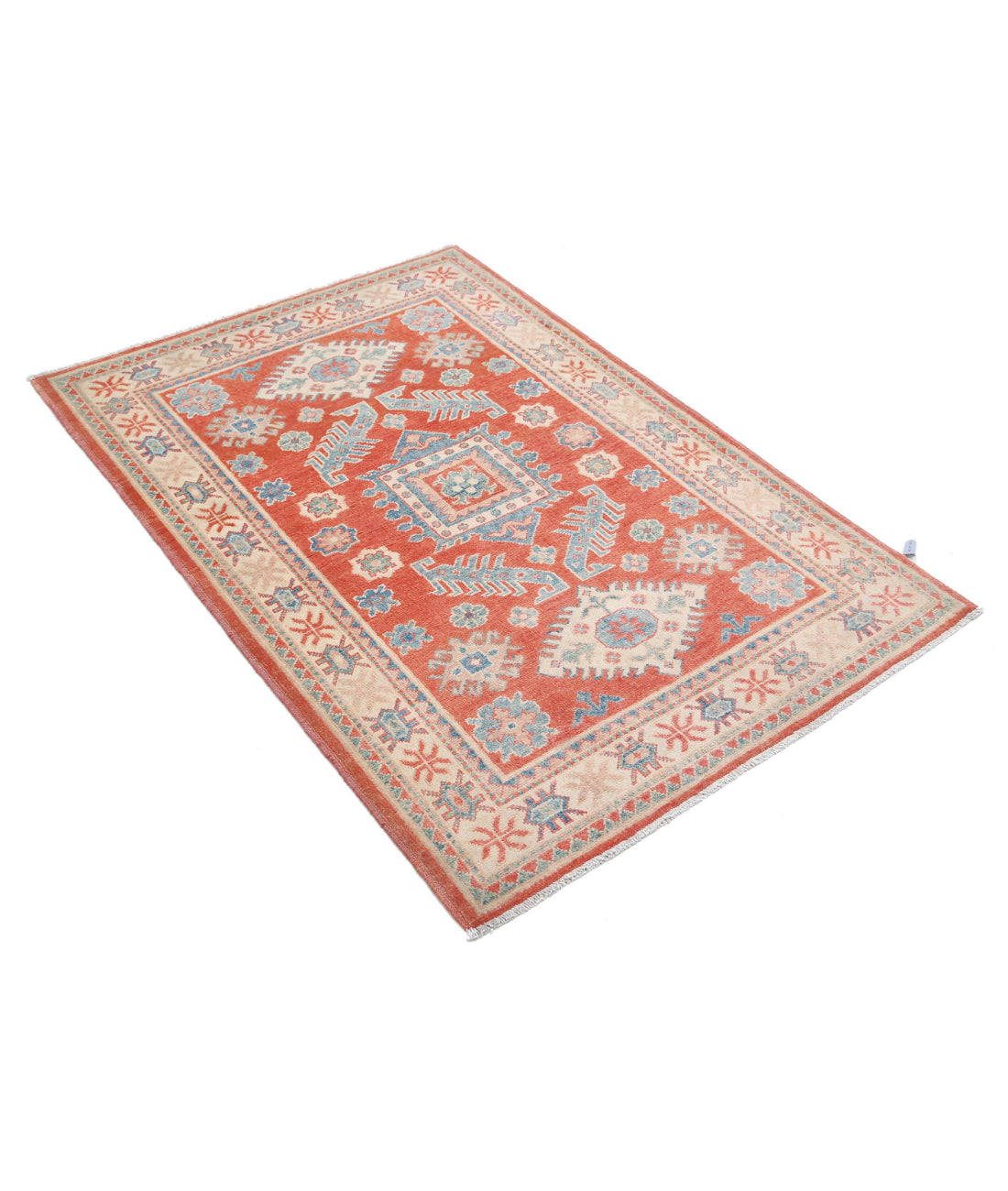 Hand Knotted Tribal Kazak Wool Rug - 3'3'' x 4'10'' 3'3'' x 4'10'' (98 X 145) / Red / Ivory