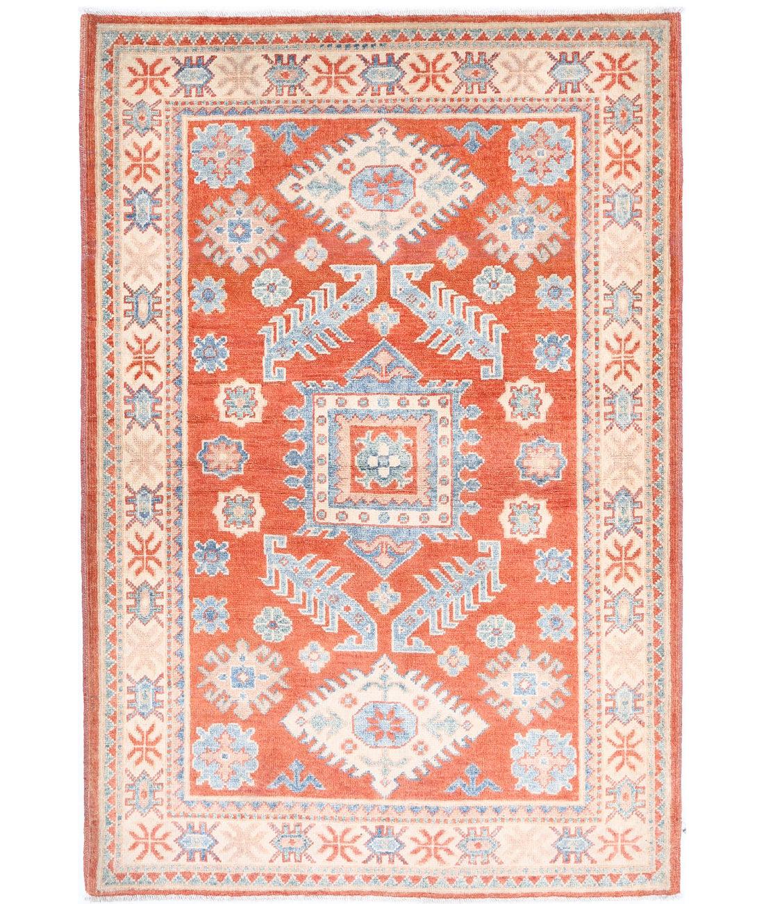 Hand Knotted Tribal Kazak Wool Rug - 3&#39;3&#39;&#39; x 4&#39;10&#39;&#39; 3&#39;3&#39;&#39; x 4&#39;10&#39;&#39; (98 X 145) / Red / Ivory