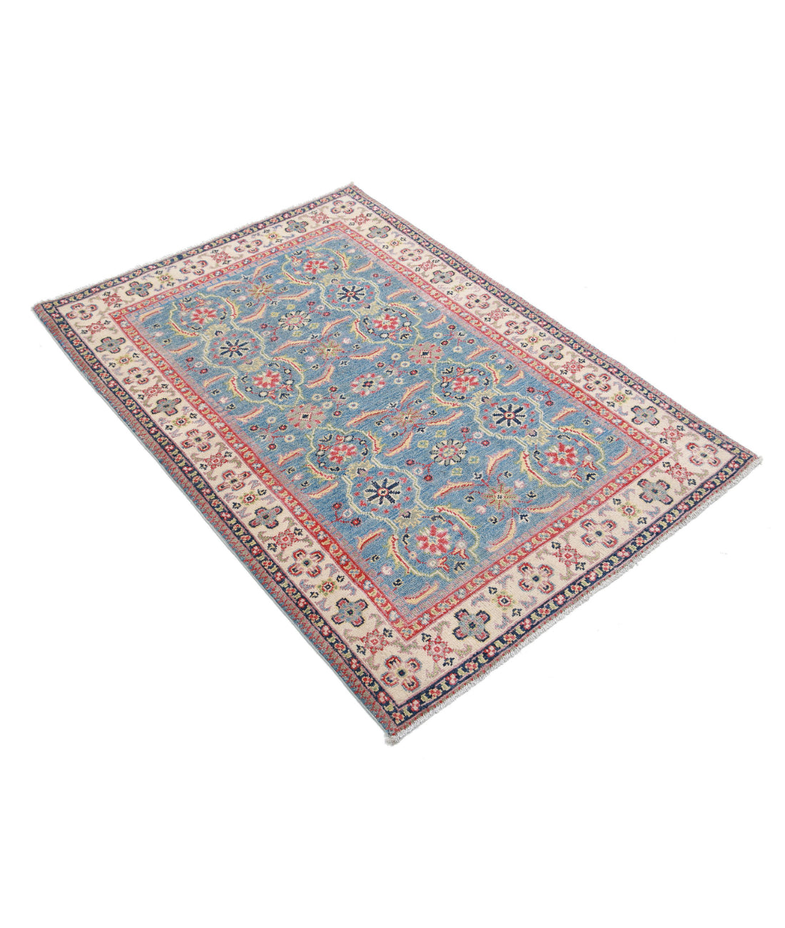 Hand Knotted Tribal Kazak Wool Rug - 3'2'' x 4'5'' 3'2'' x 4'5'' (95 X 133) / Blue / Ivory