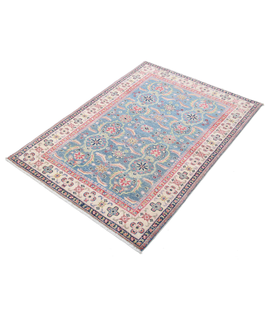 Hand Knotted Tribal Kazak Wool Rug - 3'2'' x 4'5'' 3'2'' x 4'5'' (95 X 133) / Blue / Ivory