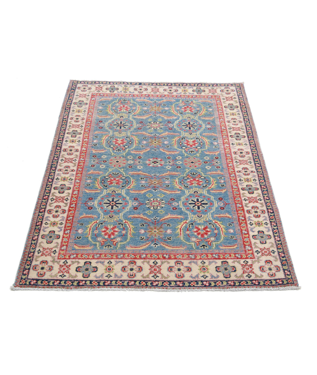 Hand Knotted Tribal Kazak Wool Rug - 3'2'' x 4'5'' 3'2'' x 4'5'' (95 X 133) / Blue / Ivory