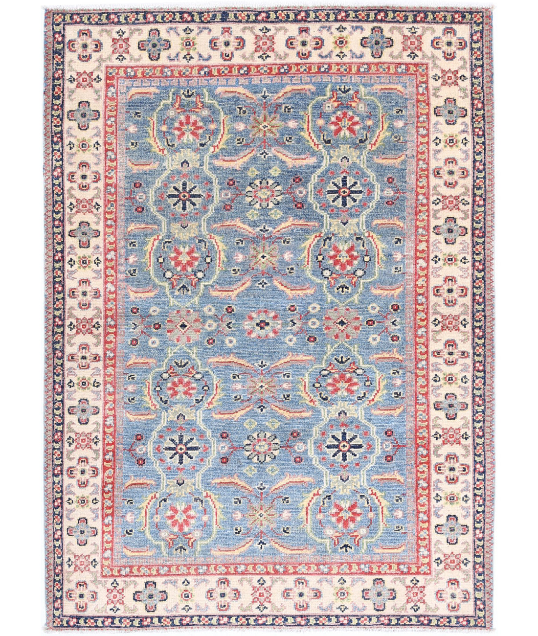 Hand Knotted Tribal Kazak Wool Rug - 3&#39;2&#39;&#39; x 4&#39;5&#39;&#39; 3&#39;2&#39;&#39; x 4&#39;5&#39;&#39; (95 X 133) / Blue / Ivory