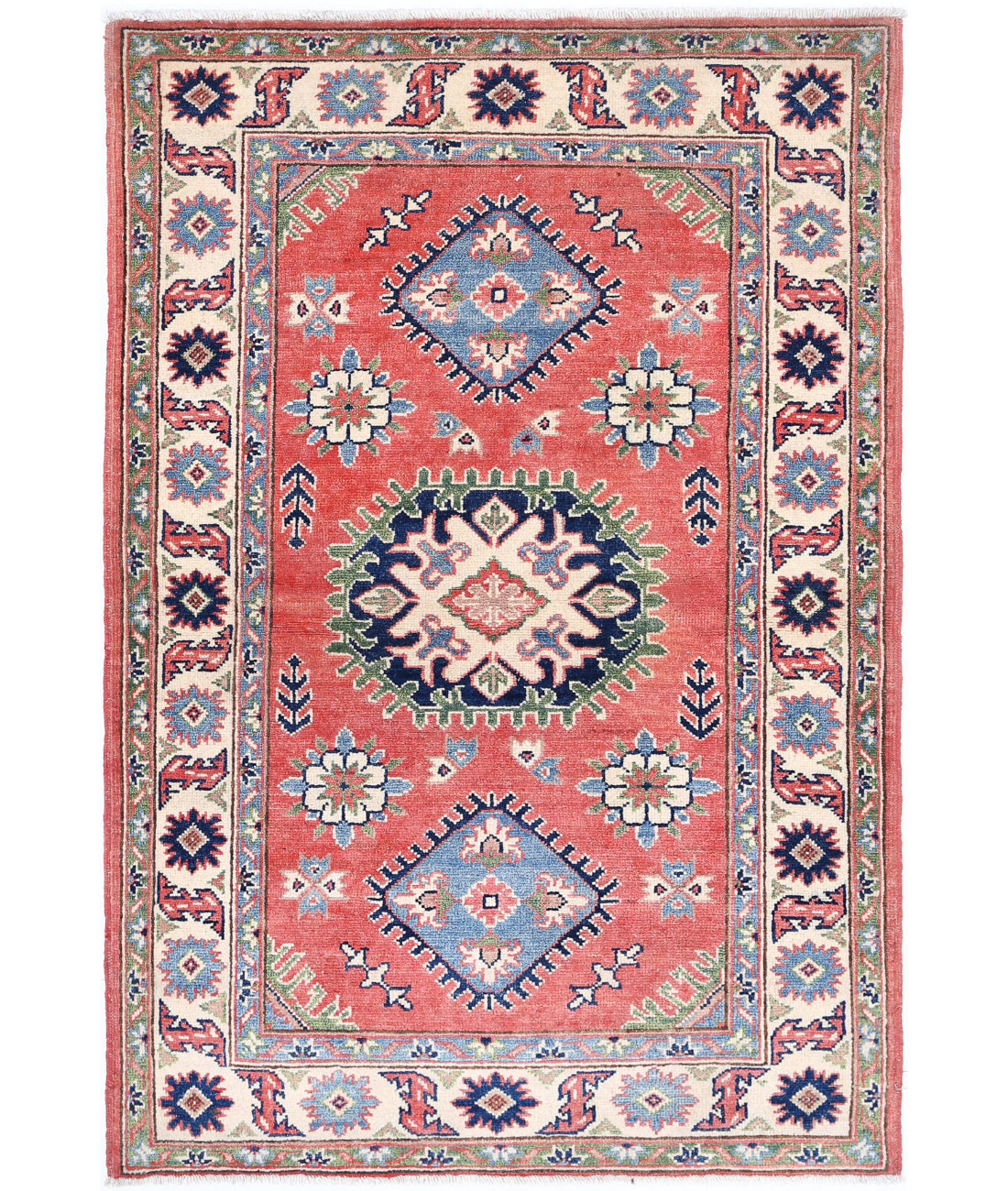 Hand Knotted Tribal Kazak Wool Rug - 3'1'' x 4'9'' 3'1'' x 4'9'' (93 X 143) / Red / Ivory