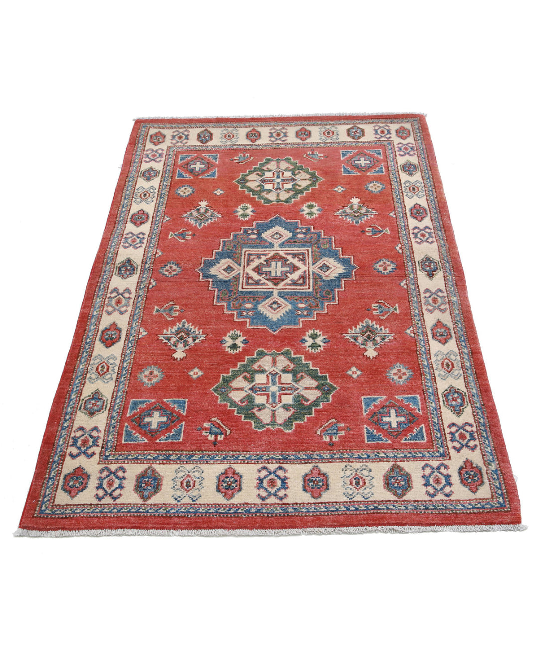 Hand Knotted Tribal Kazak Wool Rug - 3'2'' x 4'11'' 3'2'' x 4'11'' (95 X 148) / Red / Ivory