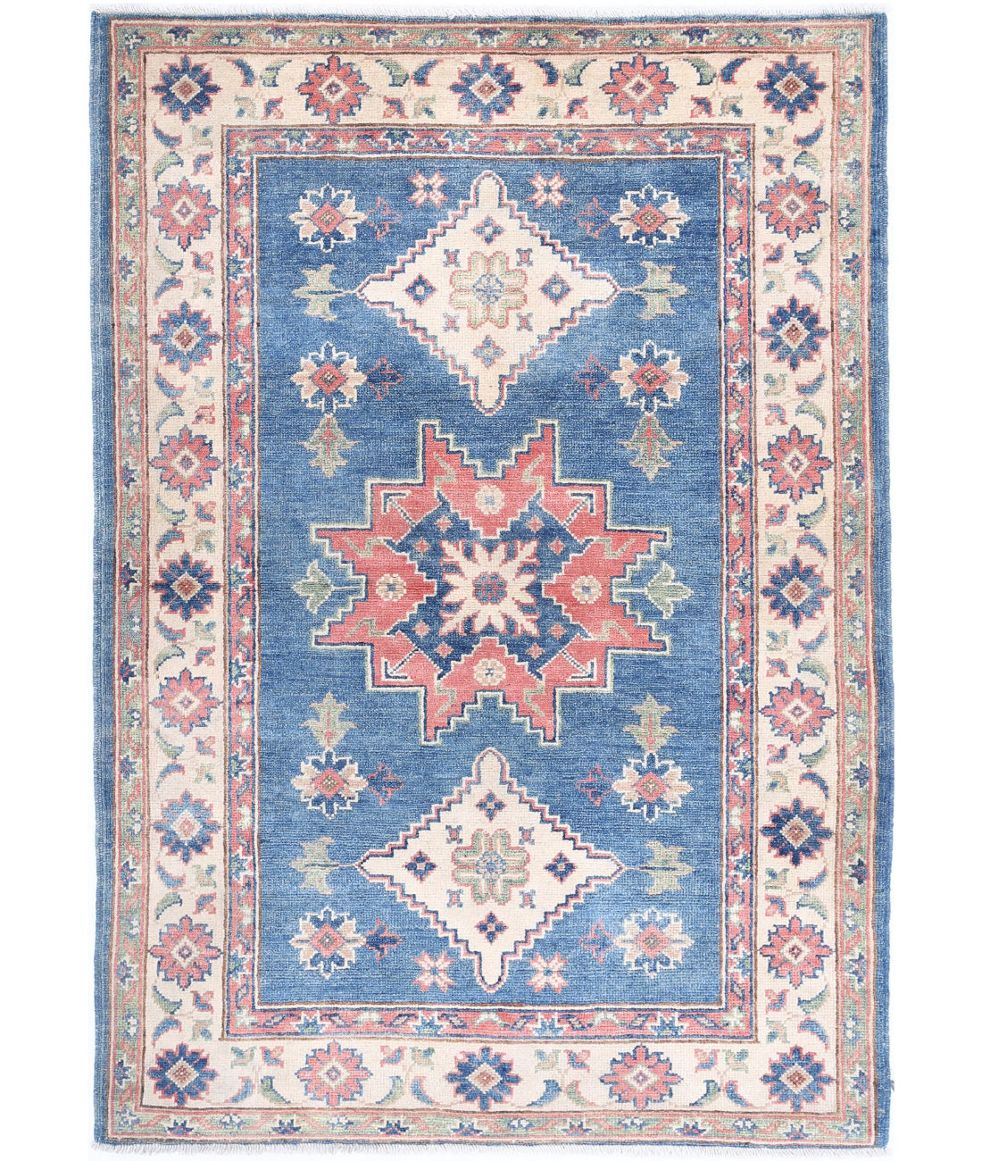 Hand Knotted Tribal Kazak Wool Rug - 3'2'' x 4'10'' 3'2'' x 4'10'' (95 X 145) / Blue / Ivory