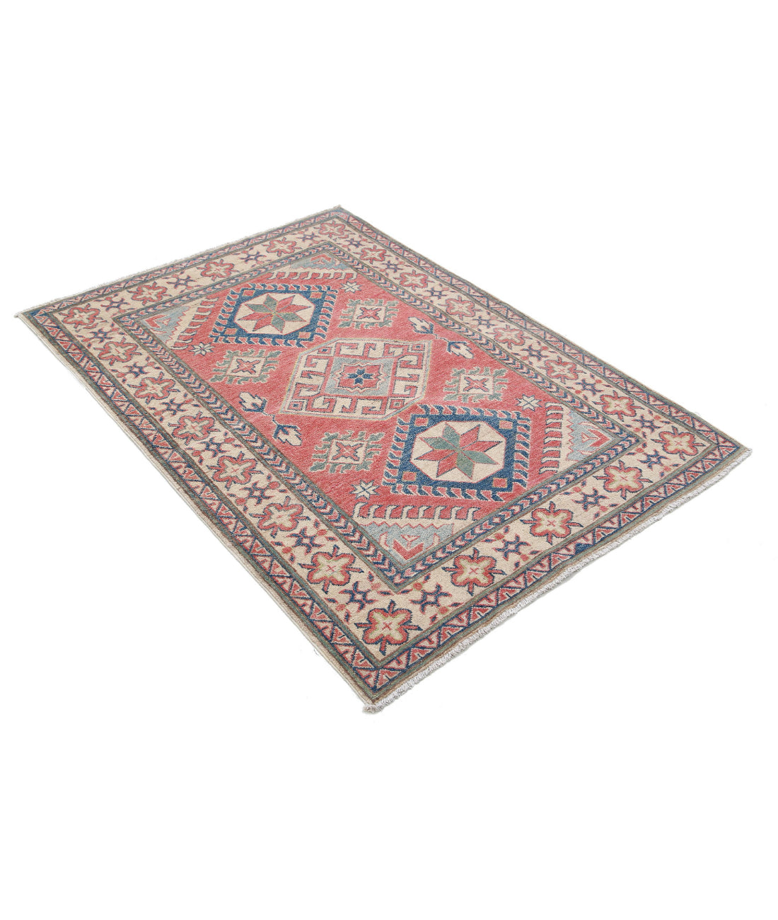 Hand Knotted Tribal Kazak Wool Rug - 4'0'' x 5'4'' 4'0'' x 5'4'' (120 X 160) / Red / Ivory