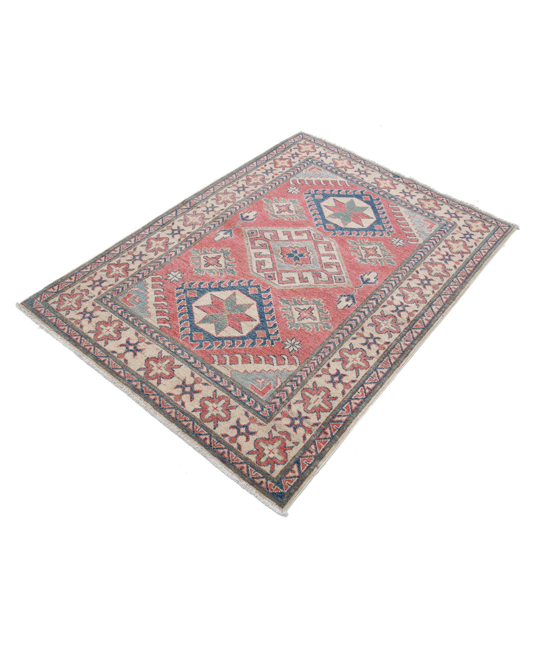 Hand Knotted Tribal Kazak Wool Rug - 4'0'' x 5'4'' 4'0'' x 5'4'' (120 X 160) / Red / Ivory