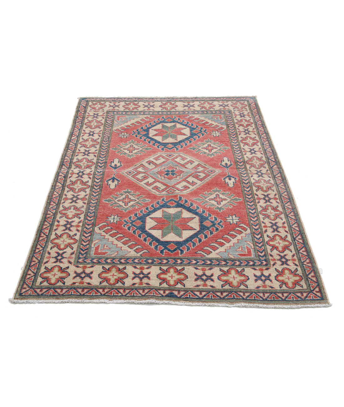 Hand Knotted Tribal Kazak Wool Rug - 4'0'' x 5'4'' 4'0'' x 5'4'' (120 X 160) / Red / Ivory