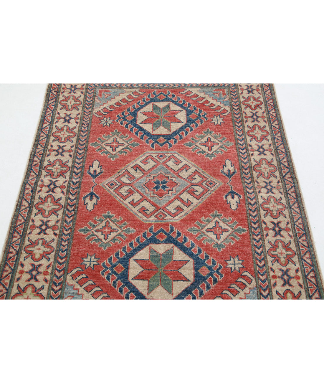 Hand Knotted Tribal Kazak Wool Rug - 4'0'' x 5'4'' 4'0'' x 5'4'' (120 X 160) / Red / Ivory