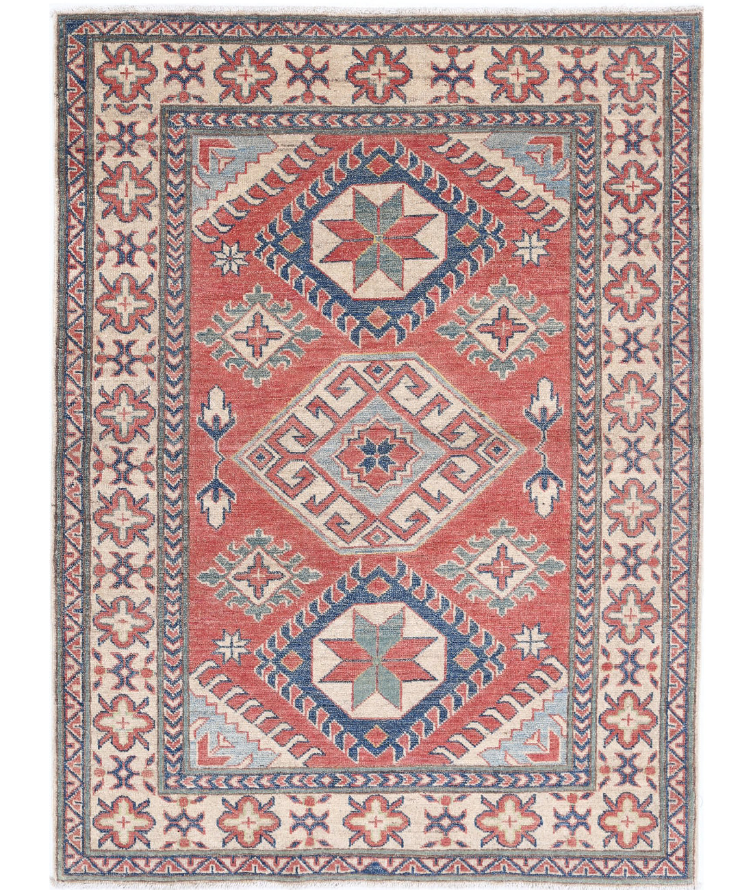 Hand Knotted Tribal Kazak Wool Rug - 4&#39;0&#39;&#39; x 5&#39;4&#39;&#39; 4&#39;0&#39;&#39; x 5&#39;4&#39;&#39; (120 X 160) / Red / Ivory