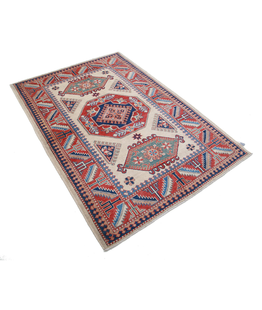 Hand Knotted Tribal Kazak Wool Rug - 4'2'' x 6'0'' 4'2'' x 6'0'' (125 X 180) / Ivory / Red