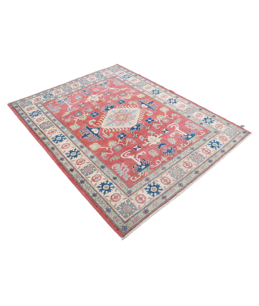 Hand Knotted Tribal Kazak Wool Rug - 5'0'' x 6'4'' 5'0'' x 6'4'' (150 X 190) / Red / Ivory