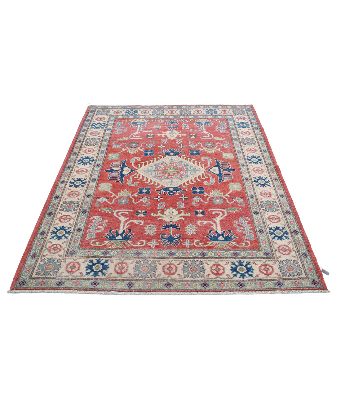 Hand Knotted Tribal Kazak Wool Rug - 5'0'' x 6'4'' 5'0'' x 6'4'' (150 X 190) / Red / Ivory